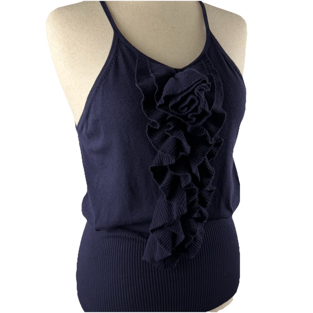 Adrienne Vittadini Halter Sweater Ruffled Rose Navy Blue Sz XL Balletcore Y2K